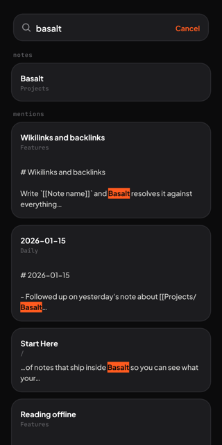 Full-text search results with matches highlighted